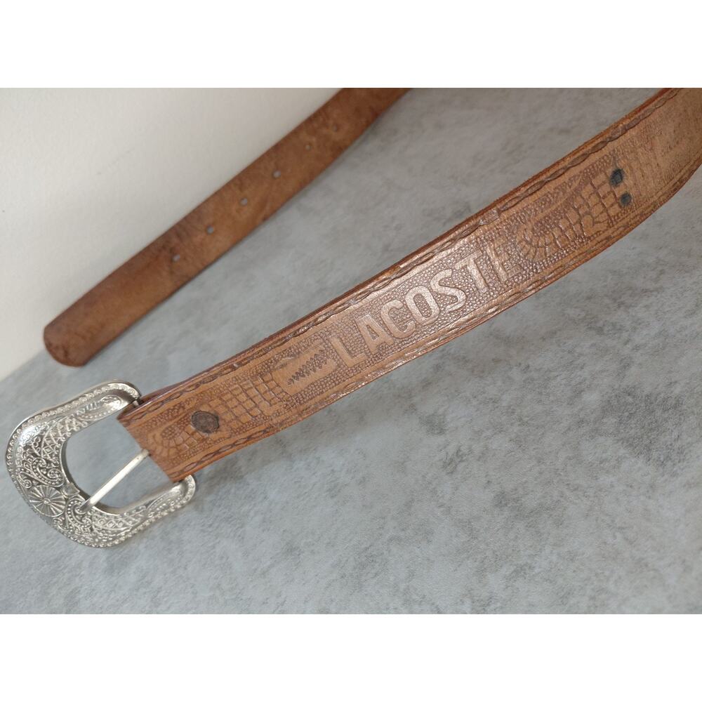 Vintage Lacoste Tooled Leather Western Belt Brown Croc Embossed Silver Buckle 38 - Picture 7 of 16
